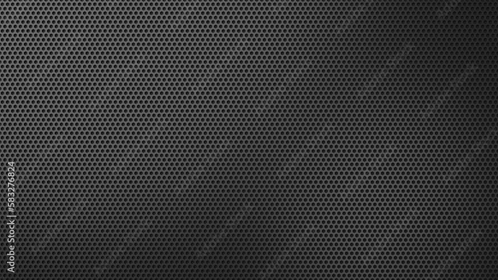 Perforated dark metal plate with hexagon holes. Dark speaker grill pattern. 3D rendered image. Perforated dark metal plate with hexagon holes. Dark speaker grill pattern. 3D rendered image.