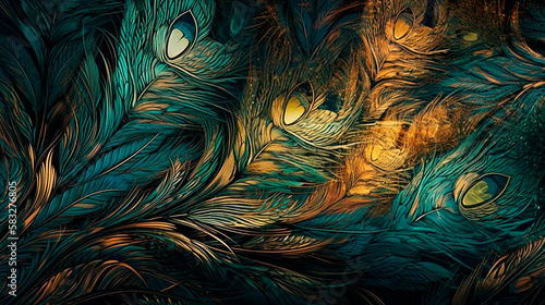 Abstract background with feather pattern gradients and texture digital painting in blue green and gold colours. Generative AI