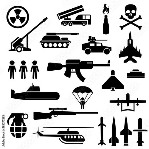 War and Military vector icons collection. Weapon symbols set.