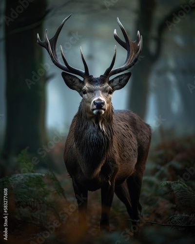 British Wildlife  Majestic Stag Poses for the Camera in Lush Oak Forest. Generative AI.