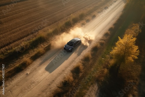 Rural High-Speed Car Chase: Breathtaking Aerial View. Generative AI.