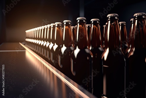 Brown Glass Beer Bottles at Modern Brewery Production Line Conveyor Belts. Generative AI. 