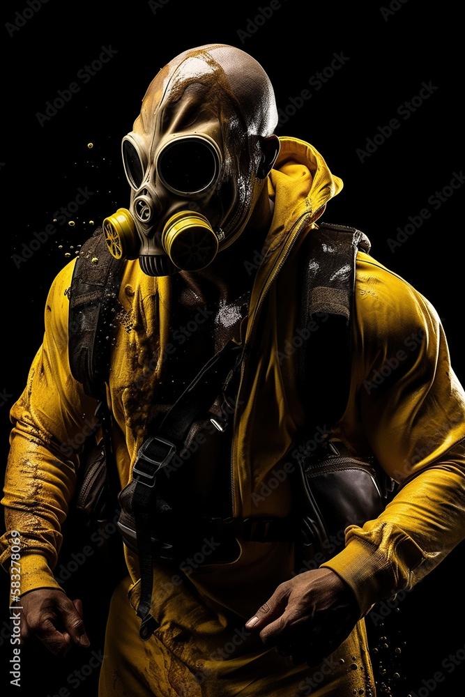 Apocalyptic Bodybuilder: Gas Mask Man in Yellow and Black Tracksuit. Generative AI. Apocalyptic Bodybuilder: Gas Mask Man in Yellow and Black Tracksuit. Generative AI.