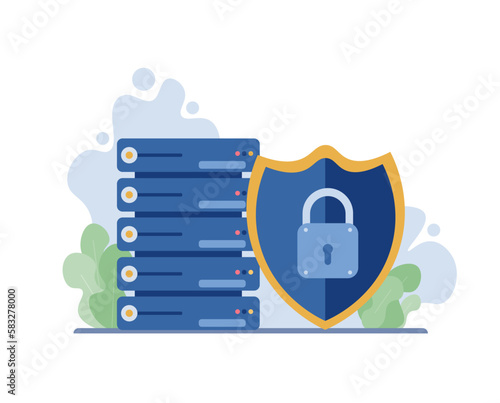 Vector illustration, server with data protection shield. This symbolizes the protection and security of data on the server.