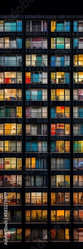 Colorful Apartment Building With Many Windows  People Inside. Generative AI.