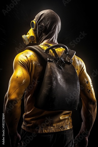 Apocalyptic Bodybuilder: Gas Mask Man in Yellow and Black Tracksuit. Generative AI.