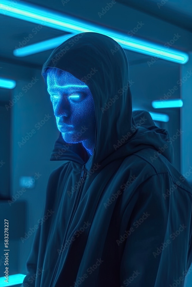 Blue Virtual Avatar in Sleek Black Hoodie - Cyber Technology Concept. Generative AI. Blue Virtual Avatar in Sleek Black Hoodie - Cyber Technology Concept. Generative AI.