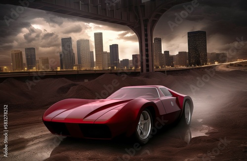 Red Sports Car in Urban Industrial Landscape. Generative AI. © Henry Letham