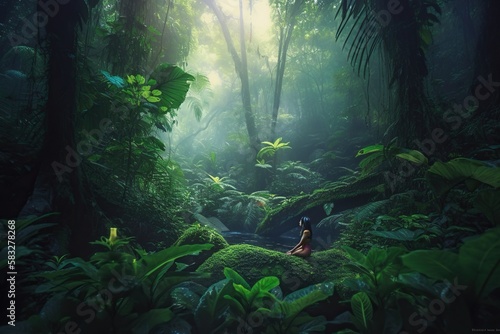 Tropical Retreat  A Naked Woman Finds Serenity in Lush Jungle Landscape. Generative AI.