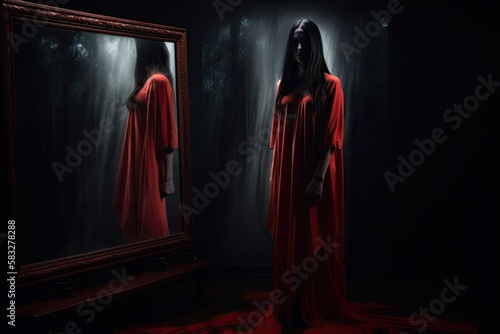 The Urban Legend of Red-Dripping Mary: Haunting Ghostly Woman Staring. Generative AI.