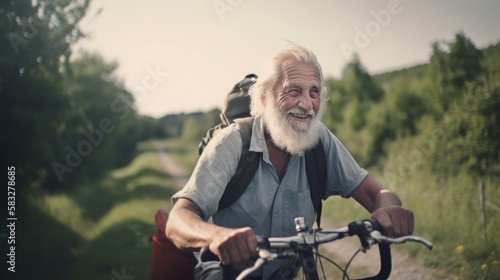 Cheerful active senior with bicycle in nature having fun. Happy old man riding bicycle in summertime. Healthy activities for elderly people. Generative AI © holidayonmars