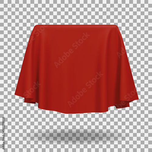 Red fabric covering a cube or rectangular shape with shadow. Can be used as a stand for product display, draped table. Vector illustration