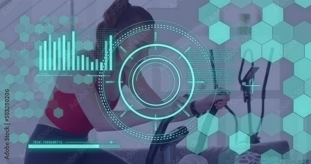 Animation of data processing over caucasian woman exercising, using stationary bike Animation of data processing over caucasian woman exercising, using stationary bike