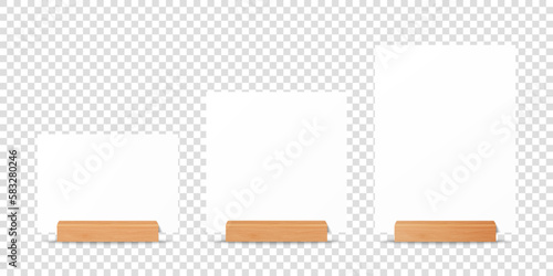 Vector 3d Realistic White A4, A5 Vertical, Horizontal and Square Blank Paper Sheet, Card on Wooden Holder, Stand. Design Template for Mockup, Menu Frame, Booklets. Acrylic Tent Card. Front View