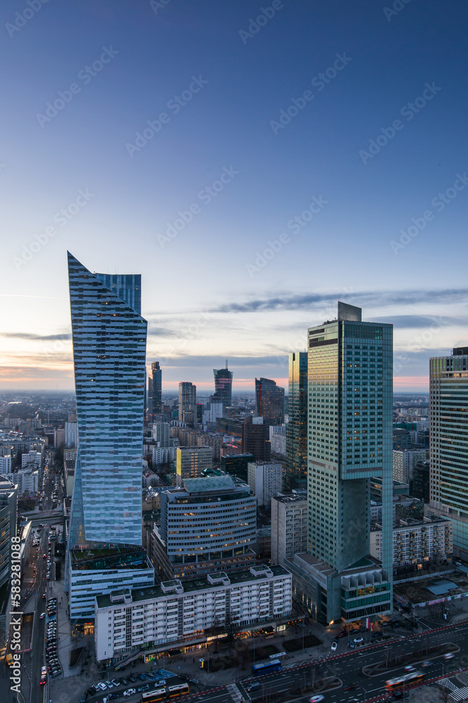 Warsaw business centre from the palace od culture and science at dusk