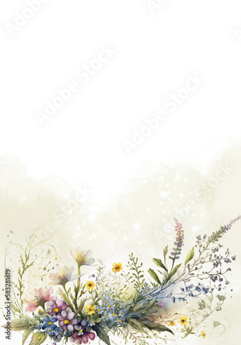 Generative AI. Watercolor wildflowers and leaves on white background - vertical botanical design banner. Floral pastel watercolor  vintage style