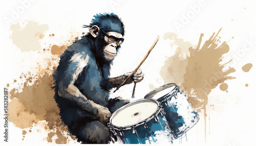 Drumming Monkey in Musical Groove, isolated on white background - watercolor style illustration background by Generative Ai photo