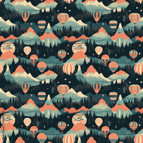 Seamless pattern of hot air balloons flying in mountains. Generative AI. photo