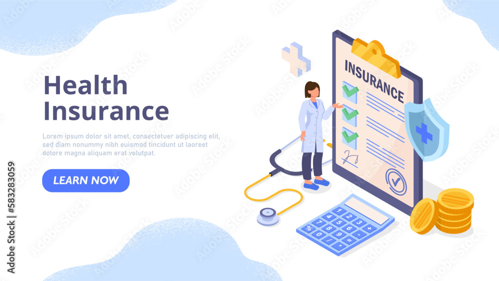 Health insurance concept. Woman with stethoscope stands near document. Doctor makes contract with patient. Diagnosis and prevention. Medical document form. Cartoon isometric vector illustration - obrazy, fototapety, plakaty 