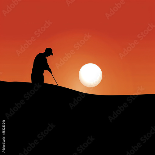 golf, silhouette, sunset, sky, sun, nature, people, golfer, woman, sunrise, sport, child, joy, freedom, grass, fun, active, landscape, happiness, dusk, black, outdoors, success, generative ai
