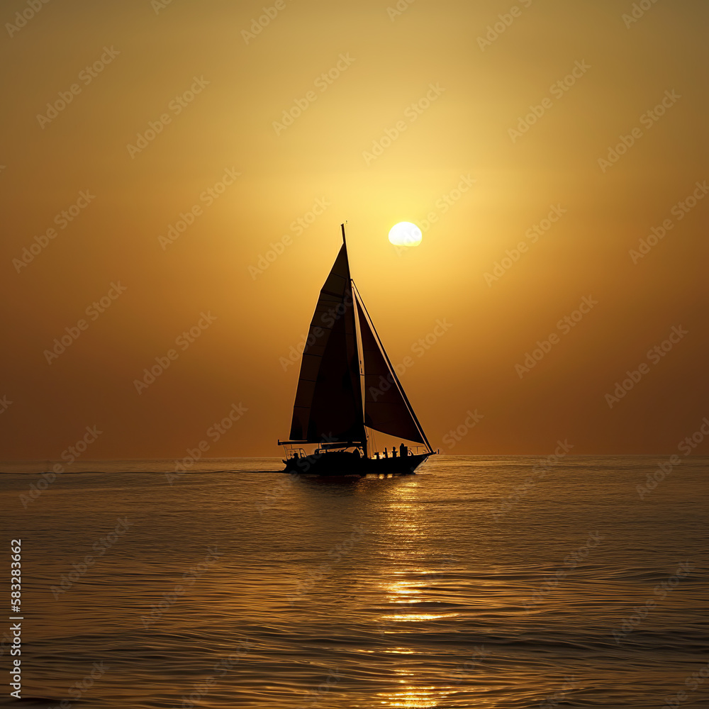 sunset, boat, sea, sailing, sailboat, sail, yacht, ocean, water, sun, ship, summer, travel, silhouette, sky, nature, orange, landscape, sunrise, tropical, horizon, red, sport, beach, wave, generative,