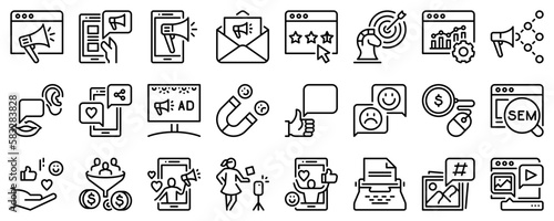 Line icons about social media marketing on transparent background with editable stroke.