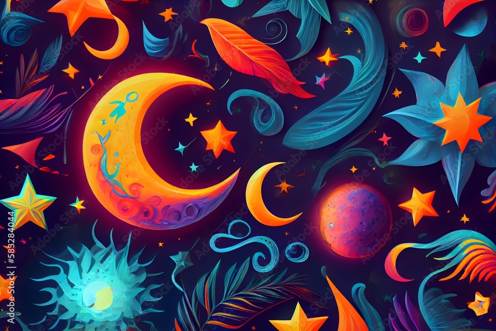 Bright colorful pattern with stars, planets, and moon elements.