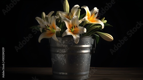 White lilies in a metal vase on a black background.