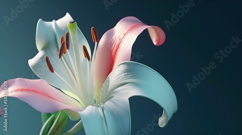 Colorful lily flower closeup on blue background with copy space