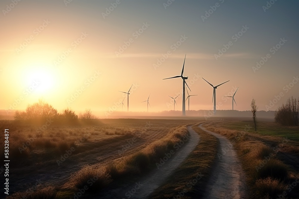 Windmills in rural area at sunset. Generative AI