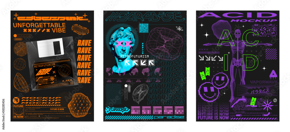 Retrofuturistic posters set, Y2k, techno style for typography, streetwear, t-shirt, hoodie, prints, merch. Retro futuristic posters with 3D human body, abstract shapes, floppy, acid colors. Vector Y2k