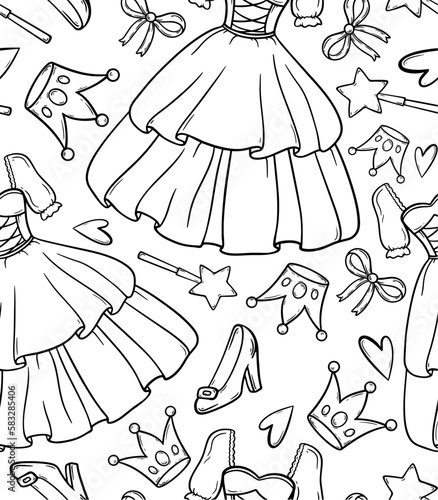 Fairy tale princess seamless pattern with hand drawn doodle crowns, dress, magic wand, shoes, heart. Cute holiday background, birthday invitations, wrapping paper, nursery wallpaper, textile. Vector