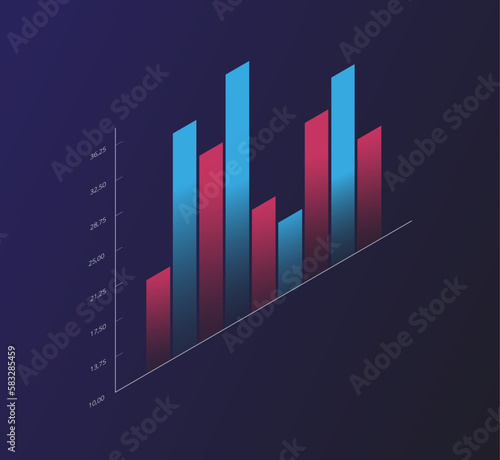Red and blue charts. Multicolored columns of different sizes. Poster or banner for website. Data visualization, work with information and statistics. Cartoon isometric vector illustration