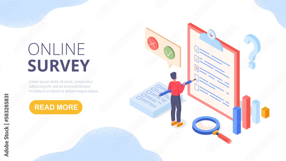 Isometric survey concept. Man with pencil stands near large document and puts ticks and crosses, answers questions. User feedback and opinion, audience marketing research. Cartoon vector illustration Isometric survey concept. Man with pencil stands near large document and puts ticks and crosses, answers questions. User feedback and opinion, audience marketing research. Cartoon vector illustration