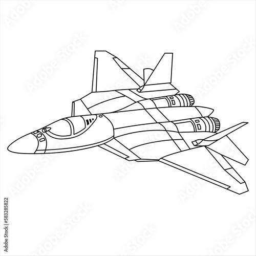 Sukhoi Su-57 Jet Fighter - Russian Stealth Aircraft Outline Design. Aircraft Coloring Page. Cartoon Airplane Isolated on White Background