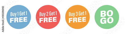 buy one get one free sale tags, vector sticker. BO GO discount template © Oksana
