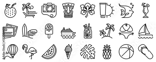 Line icons about summer tourism on transparent background with editable stroke.