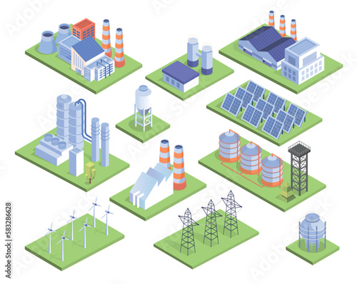 Power plants set. Alternative energy and fuel. Collection of stations for production of electricity. Solar panels and windmills. Cartoon isometric vector illustrations isolated on white background