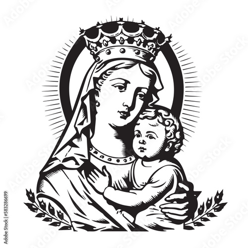 Virgin Mary  Our Lady. Hand drawn vector illustration. Black silhouette svg of Mary  laser cutting cnc.