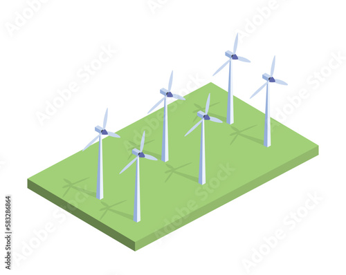 White windmills concept. Alternative energy source, care for ecology and environment. Renewable electricity and sustainable lifestyle. Cartoon isometric vector illustration