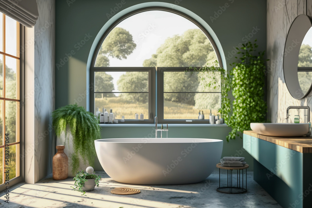 Fototapeta premium Light bathroom interior modern, white, cozy, generative ai
