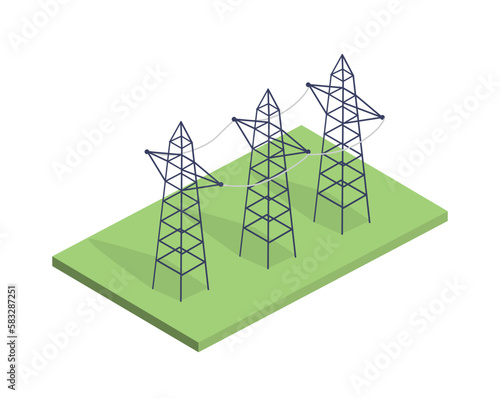 Overhead power line concept. Transmission of electricity and energy from power plants to city. Modern technologies and innovations. Template, layout and mock up. Cartoon isometric vector illustration