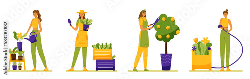 Set, collection of cute happy women, girls caring about plants isolated on white background. Home gardening and growing houseplants. Flat style vector illustration of trendy people with garden plants.