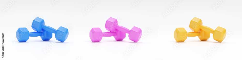 Dumbbell 3d render icon set - gym healthy equipment, realistic fit barbell and fit execise accessories for woman Dumbbell 3d render icon set - gym healthy equipment, realistic fit barbell and fit execise accessories for woman