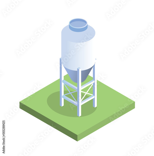 White tank concept. Large container for storing fuel or water. Element of stations for production of electricity and energy, cooling system. Cartoon isometric vector illustration