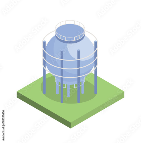 Grey tank concept. Large container for water, oil, gas or gasoline. Diesel for production of energy and electricity. Aluminium storage or cooling system. Cartoon isometric vector illustration