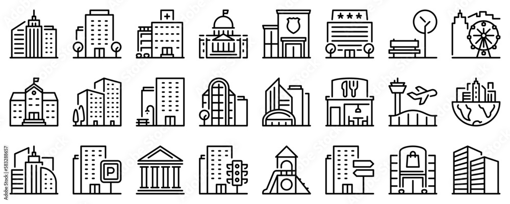 Line icons about the city on transparent background with editable stroke. - obrazy, fototapety, plakaty 