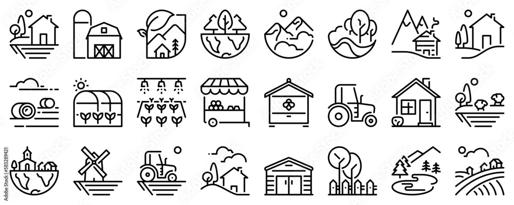 Line icons about the countryside on transparent background with editable stroke. - obrazy, fototapety, plakaty 