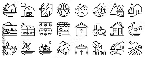 Line icons about the countryside on transparent background with editable stroke.