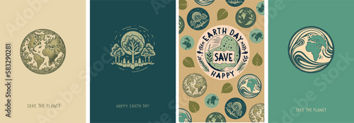 Happy earth day! Vector minimalistic illustrations of globe, world, map, ecology and environmental protection for logo, poster, greeting card or background photo